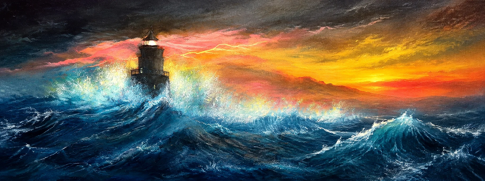 Ein Leuchtturm steht zwischen kraftvollen blauen Wellen unter einem leuchtenden orangefarbenen Abendhimmel.