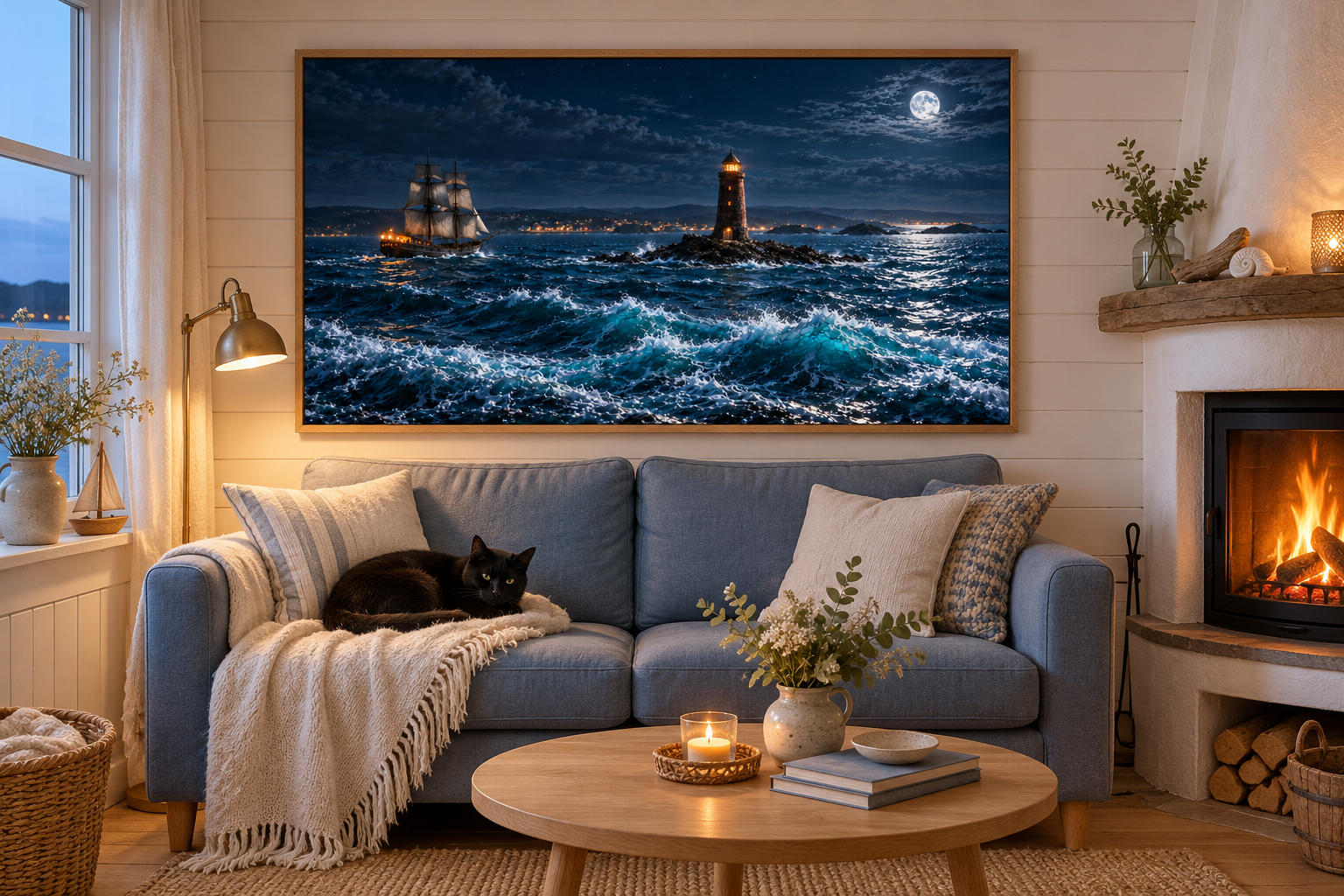 Gemütliches kleines Wohnzimmer im maritimen Stil mit blaugrauem Sofa, einer kleinen schwarzen Katze auf einer hellen Decke und einem weißen Kamin. Über dem Sofa hängt das Motiv mit Leuchtturm, Segelschiff und Mond über bewegtem Meer.