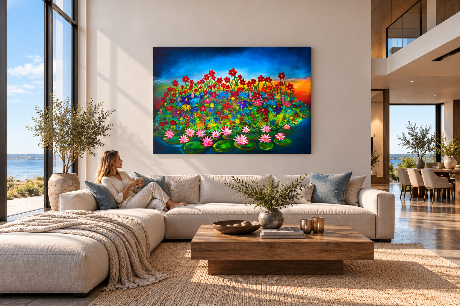 Heller Wohnraum mit einem farbenfrohen Gemälde aus Blüten und Seerosen über dem Sofa.