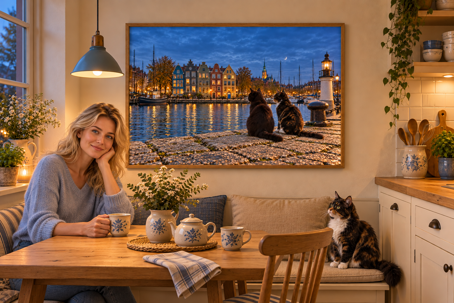 Gemütliche kleine Küche mit einer jungen blonden Frau mit blauen Augen links am Teetisch und einer dreifarbigen langhaarigen Katze rechts auf der Bank. An der Wand hängt das Hafenmotiv mit zwei Katzen im Abendlicht.
