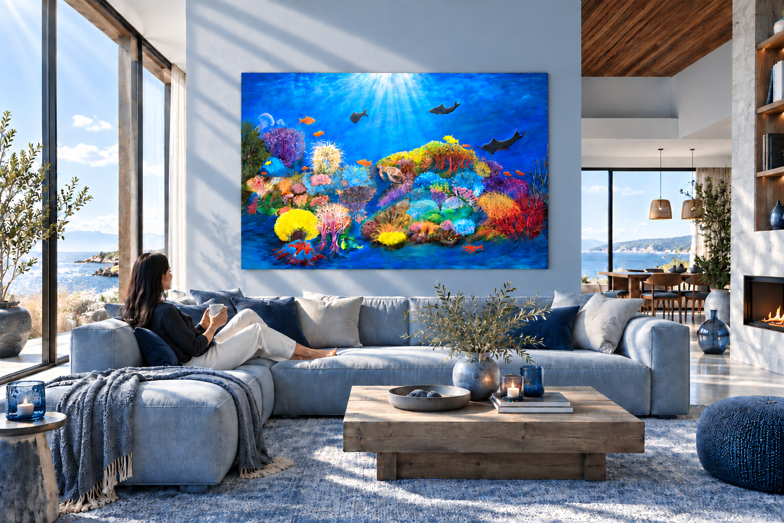 Wohnraum in Meeresblau mit einem Unterwassergemälde aus Korallen, Fischen, Rochen und einer Meeresschildkröte über dem Sofa.