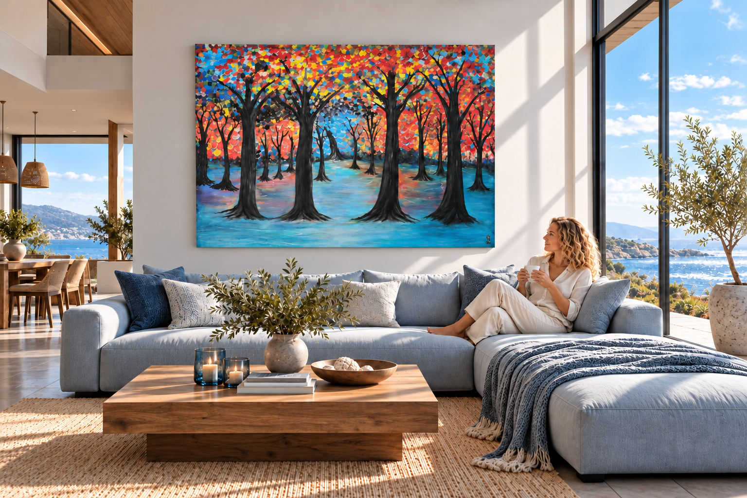 Lichtdurchfluteter Wohnraum mit dem Gemälde „Wasserwald“ über einem blaugrauen Sofa, einer Frau mit blonden Locken und weitem Meerblick.